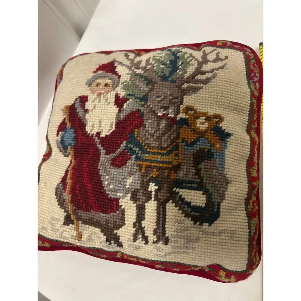 Vintage Christmas Accent Needlepoint Santa & Reindeer Pillow Red Velvet 9x9